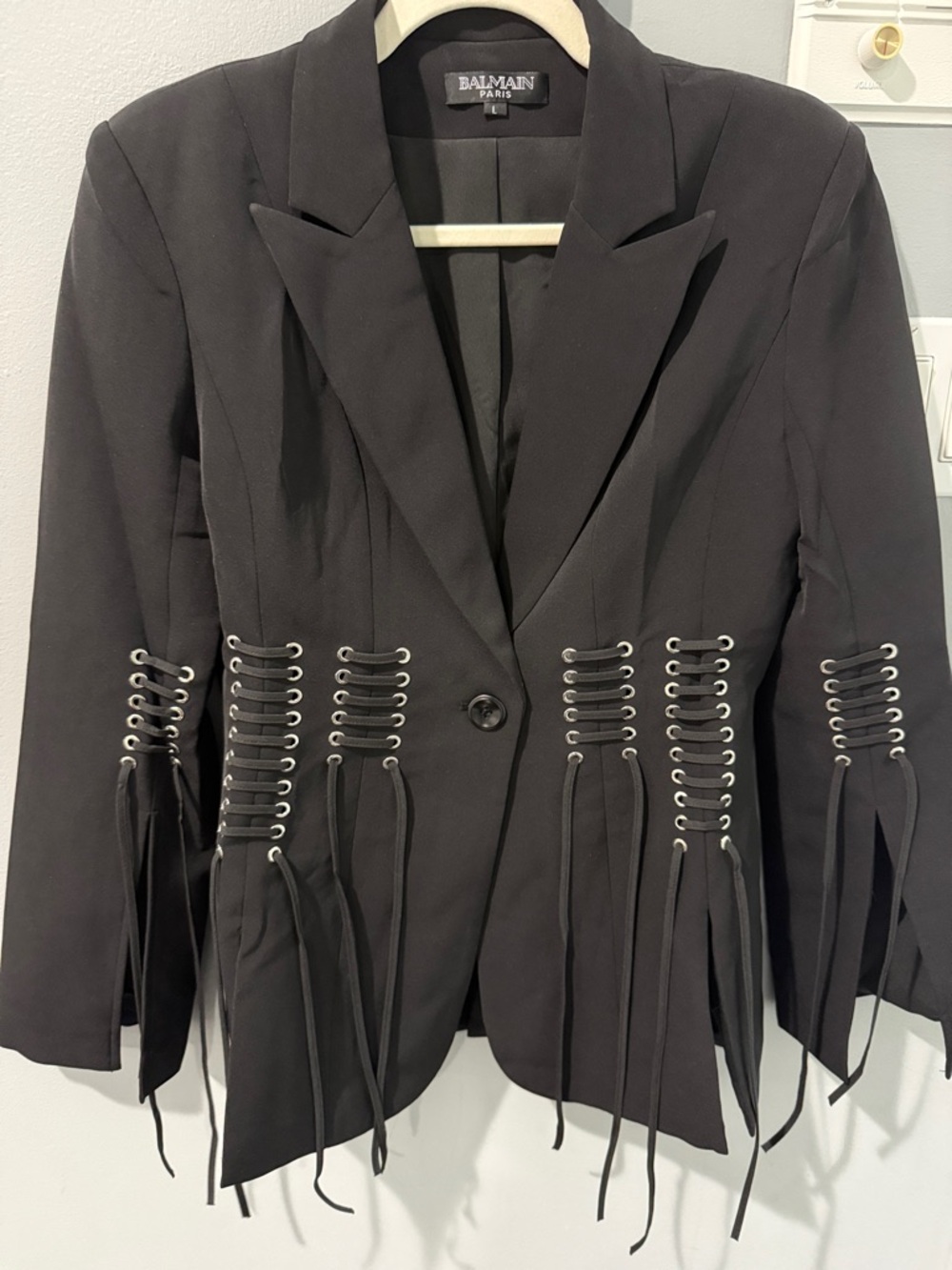 Balmain Black Lace-Up Eyelet Blazer with Fringe Ties